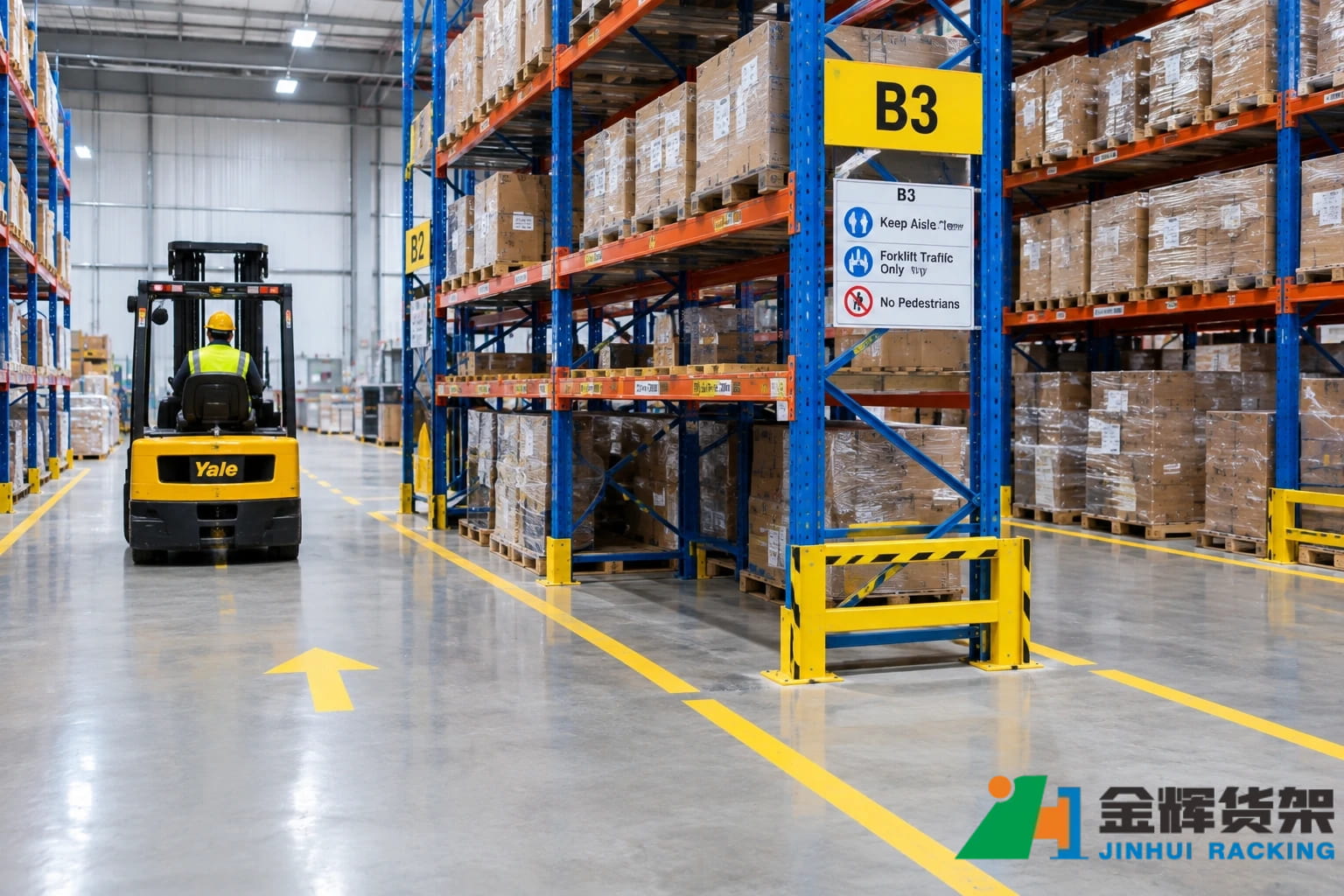 Organized pallet rack end-of-aisle area with clear forklift traffic space and no temporary pallets blocking the aisle Organized pallet rack end-of-aisle area with clear forklift traffic space and no temporary pallets blocking the aisle