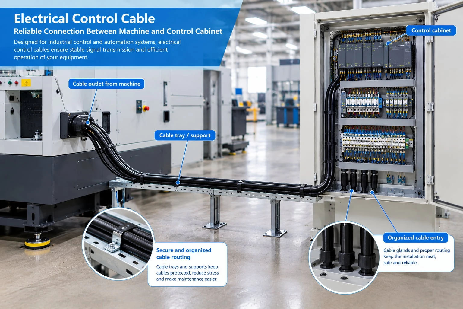 Electrical control cable routed from industrial machinery to a control cabinet with supported cable runs and organized cable entry Electrical control cable routed from industrial machinery to a control cabinet with supported cable runs and organized cable entry