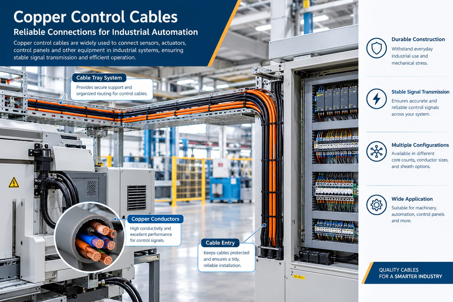 Copper control cables routed on supported cable trays between industrial machinery and an electrical control cabinet Copper control cables routed on supported cable trays between industrial machinery and an electrical control cabinet