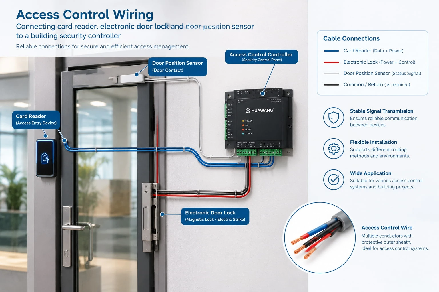 Access control wiring connecting a card reader electronic door lock and door position sensor to a building security controller Access control wiring connecting a card reader electronic door lock and door position sensor to a building security controller