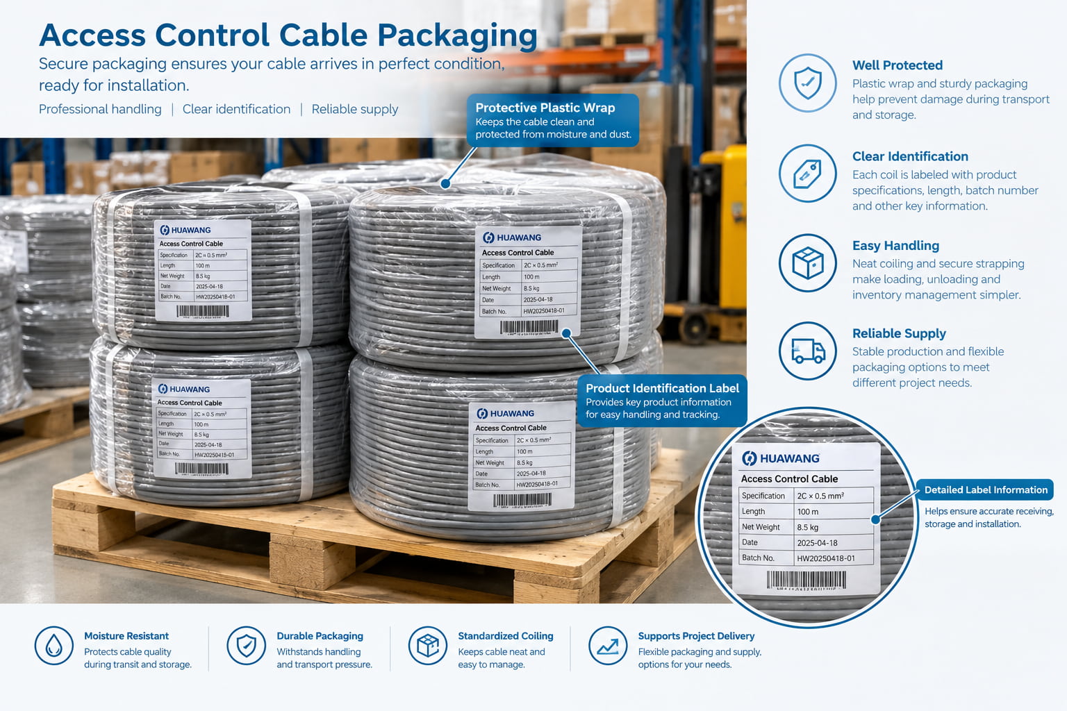 Access control cable coils protected for shipment with product identification labels for warehouse handling Access control cable coils protected for shipment with product identification labels for warehouse handling