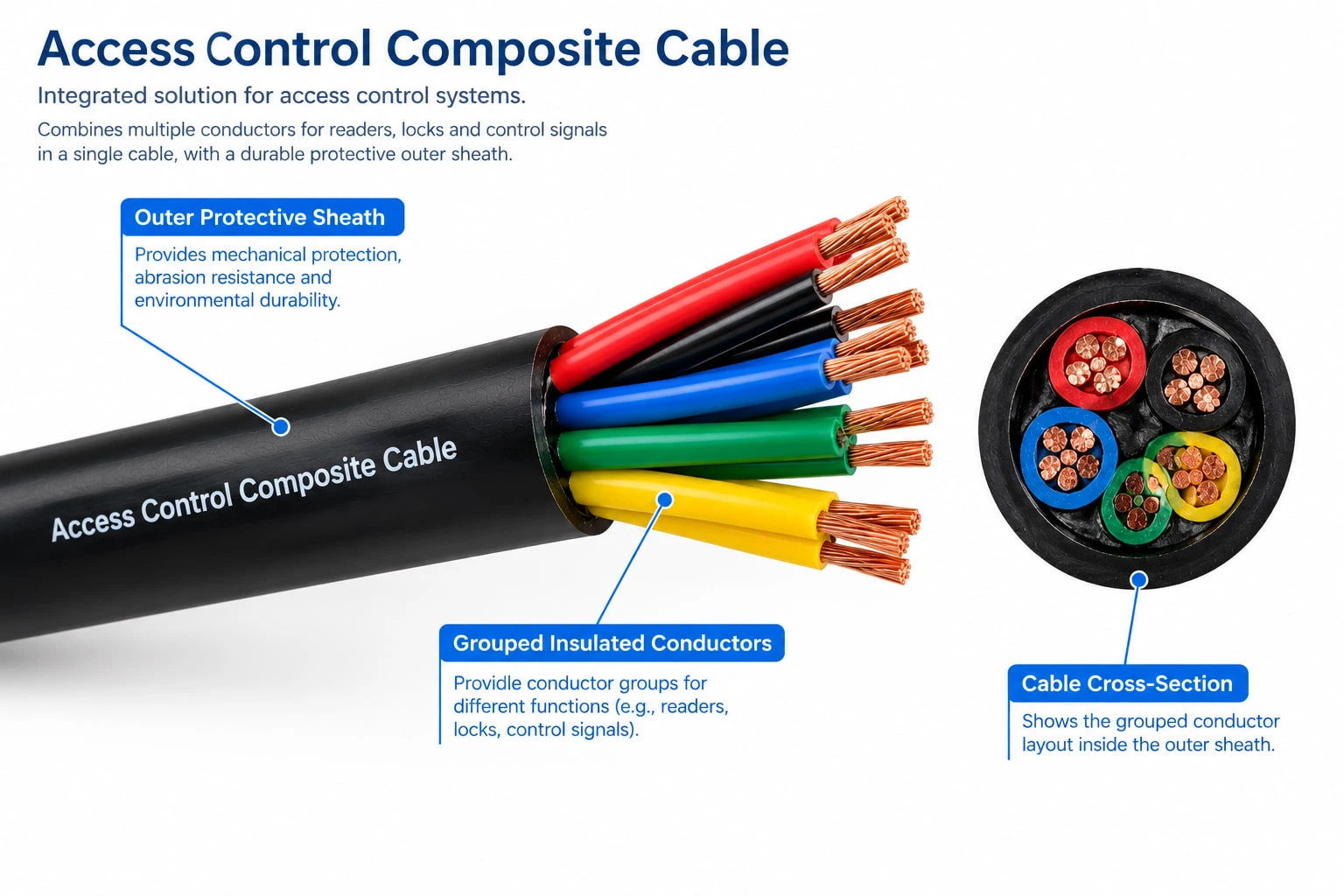 Access control composite cable with a protective outer sheath and grouped insulated conductors exposed at the cut end Access control composite cable with a protective outer sheath and grouped insulated conductors exposed at the cut end